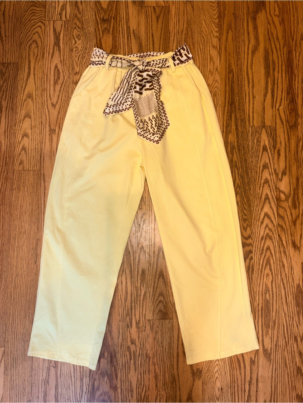 NWT Italian Made Pastel Yellow Wide Leg Trousers with Geometric Scarf Belt
